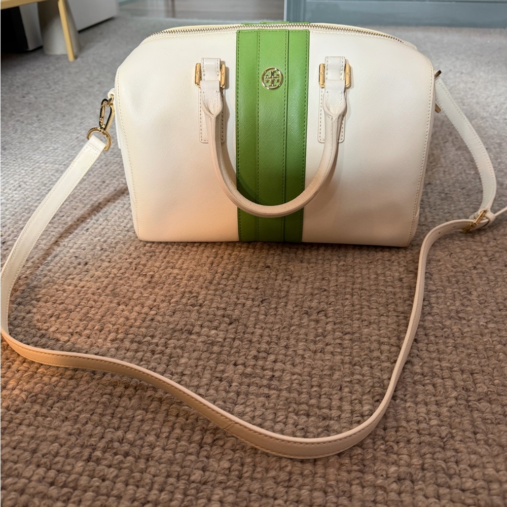 Tory Burch Cream and Green Satchel